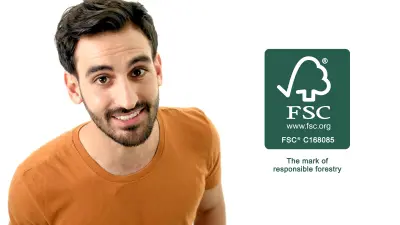 Victor Jibrin, project manager in the sustainability team at Bosch Power Tools, in close-up next to the FSC® label.