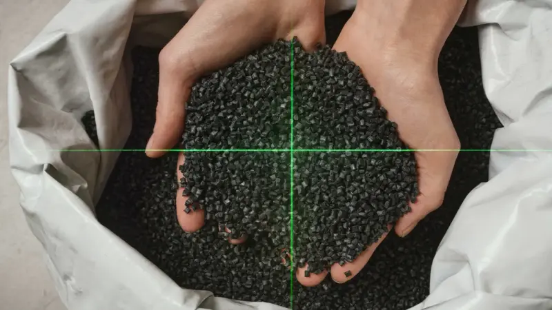 A pile of recycled plastic pellets in two palms.